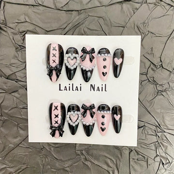 Qfdian 10Pcs Almond Handmade Press On Nails Middle Length Black Pink Color Fake Nails False Ballet Shoes Design Hearts Bows Decoration